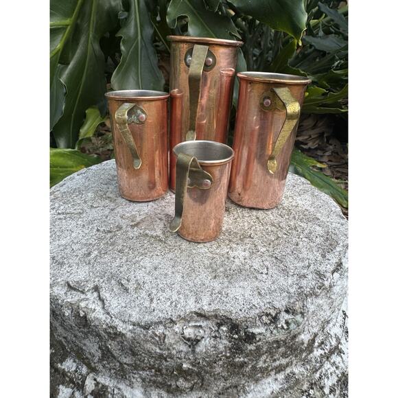 Vintage Copper Nesting Measuring Cups Brass Handle Made In Korea Set Of 4 - Picture 10 of 11